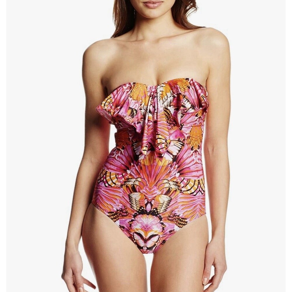 Seafolly Australia Pink Butterfly Ruffle Bandeau One Piece Swimsuit Size 6 US